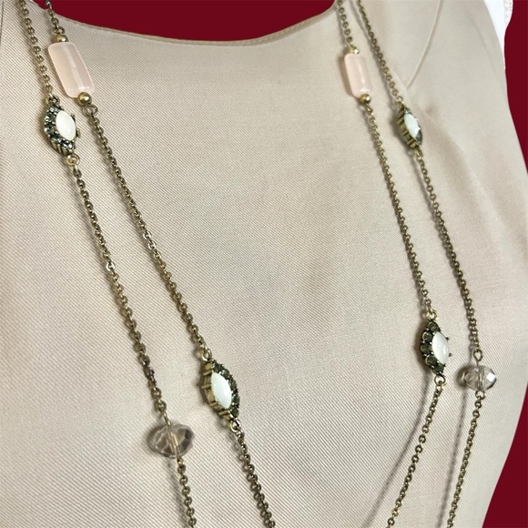 Loft Long Double Bronze Chain Necklace White & Pink Stones 40” - Picture 3 of 5